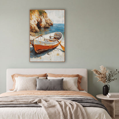 Weathered Rowboat Cliffside Cove Coastal wall art in a bright coastal-style room – white and orange rowboat