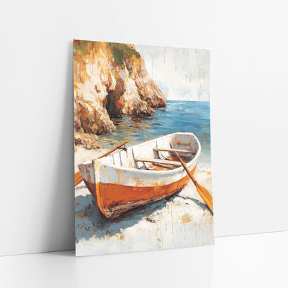 Weathered Rowboat Cliffside Cove Coastal art print leaning against a white wall – white and orange rowboat with wooden oars