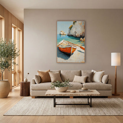 Turquoise Lagoon Rowboat Sunlit Coastal wall art in a bright coastal-style room – orange and white rowboat with two