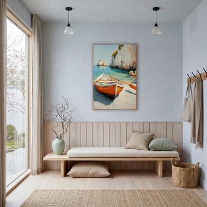 Turquoise Lagoon Rowboat Sunlit Coastal wall art in a bright coastal-style room – orange and white rowboat with two