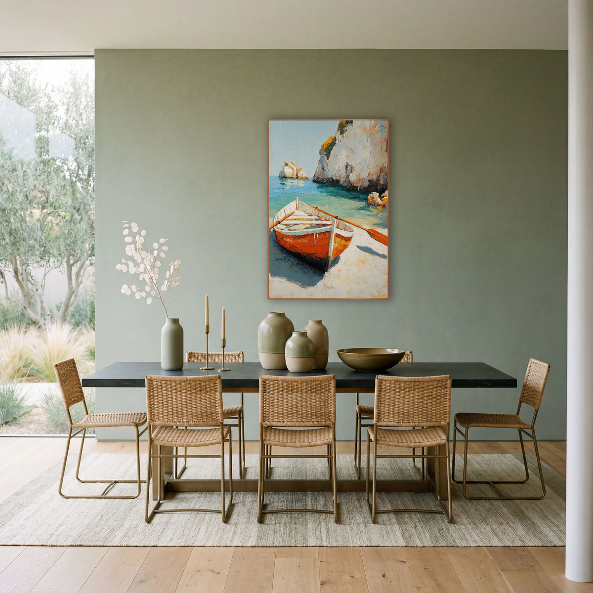 Turquoise Lagoon Rowboat Sunlit Coastal wall art in a bright coastal-style room – orange and white rowboat with two