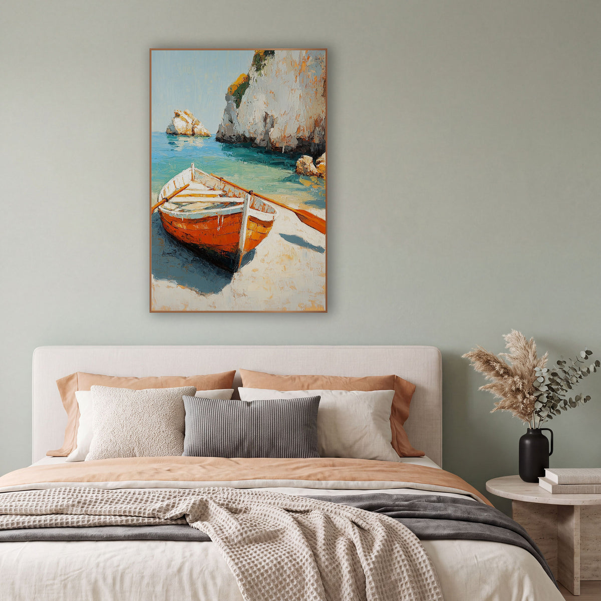 Turquoise Lagoon Rowboat Sunlit Coastal wall art in a bright coastal-style room – orange and white rowboat with two