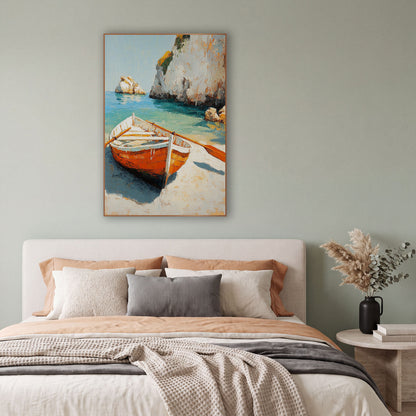 Turquoise Lagoon Rowboat Sunlit Coastal wall art in a bright coastal-style room – orange and white rowboat with two