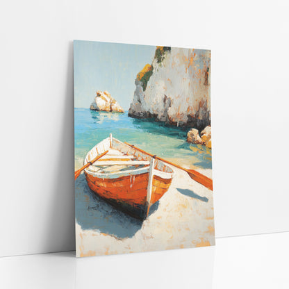 Turquoise Lagoon Rowboat Sunlit Coastal art print leaning against a white wall – orange and white rowboat with two oars