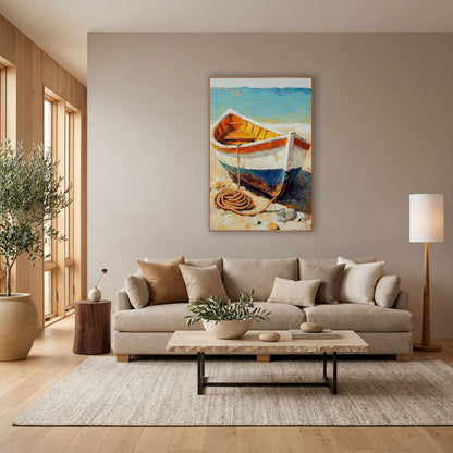 Beached Rowboat Coastal Impasto Style wall art in a bright coastal-style room – white and blue rowboat with orange