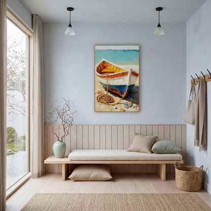 Beached Rowboat Coastal Impasto Style wall art in a bright coastal-style room – white and blue rowboat with orange