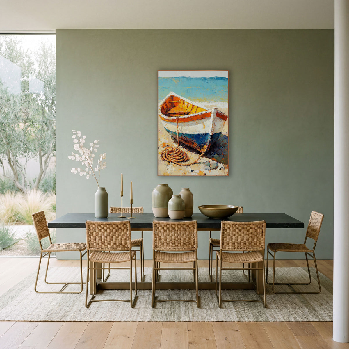 Beached Rowboat Coastal Impasto Style wall art in a bright coastal-style room – white and blue rowboat with orange