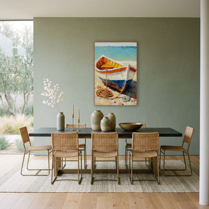 Beached Rowboat Coastal Impasto Style wall art in a bright coastal-style room – white and blue rowboat with orange