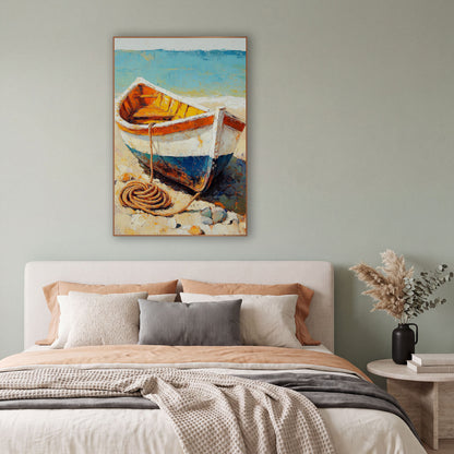 Beached Rowboat Coastal Impasto Style wall art in a bright coastal-style room – white and blue rowboat with orange