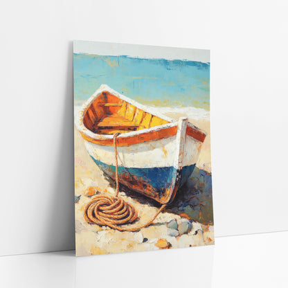 Beached Rowboat Coastal Impasto Style art print leaning against a white wall – white and blue rowboat with orange interior