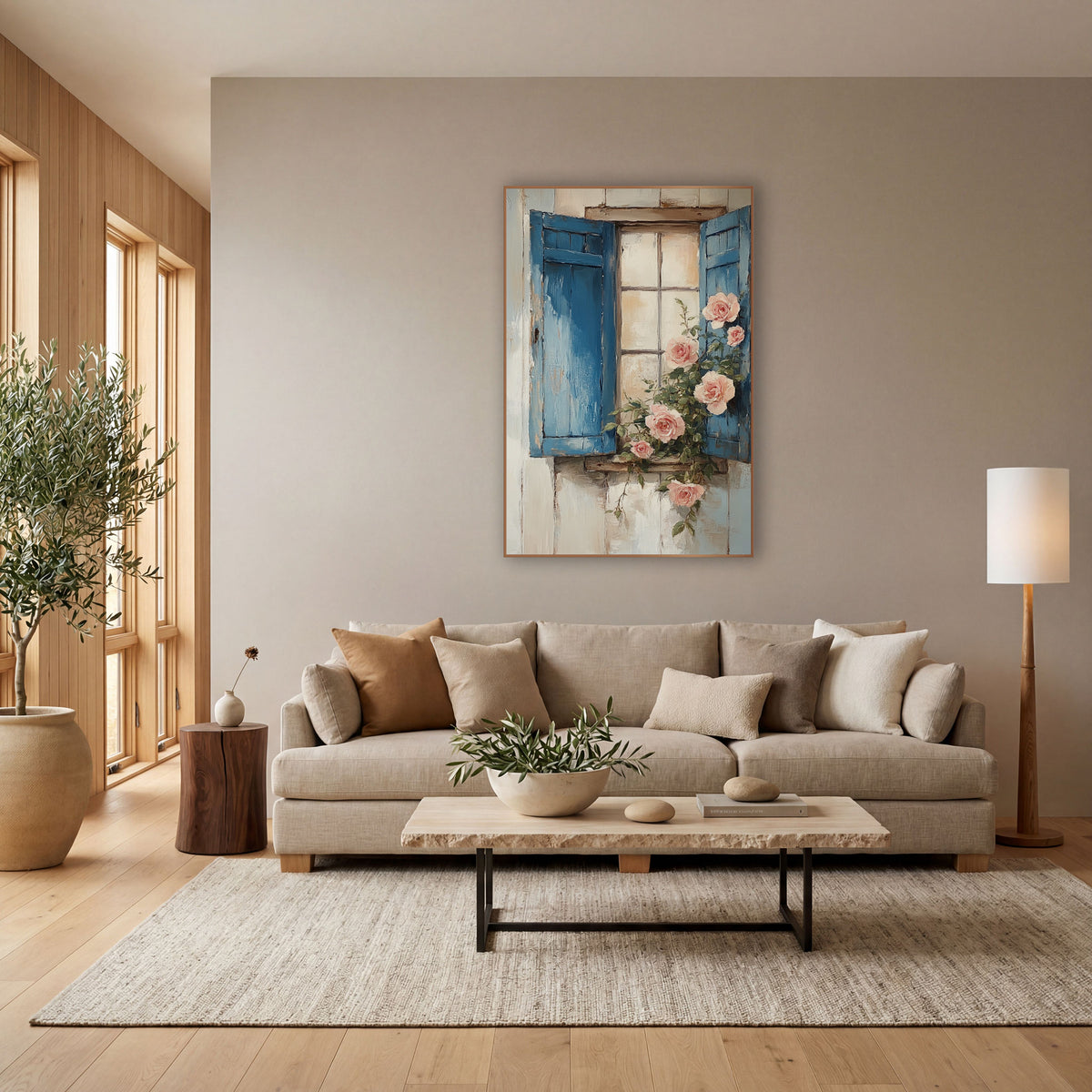 Blue Shutter Pink Roses Cottage wall art in a bright coastal-style room – open faded blue shutters