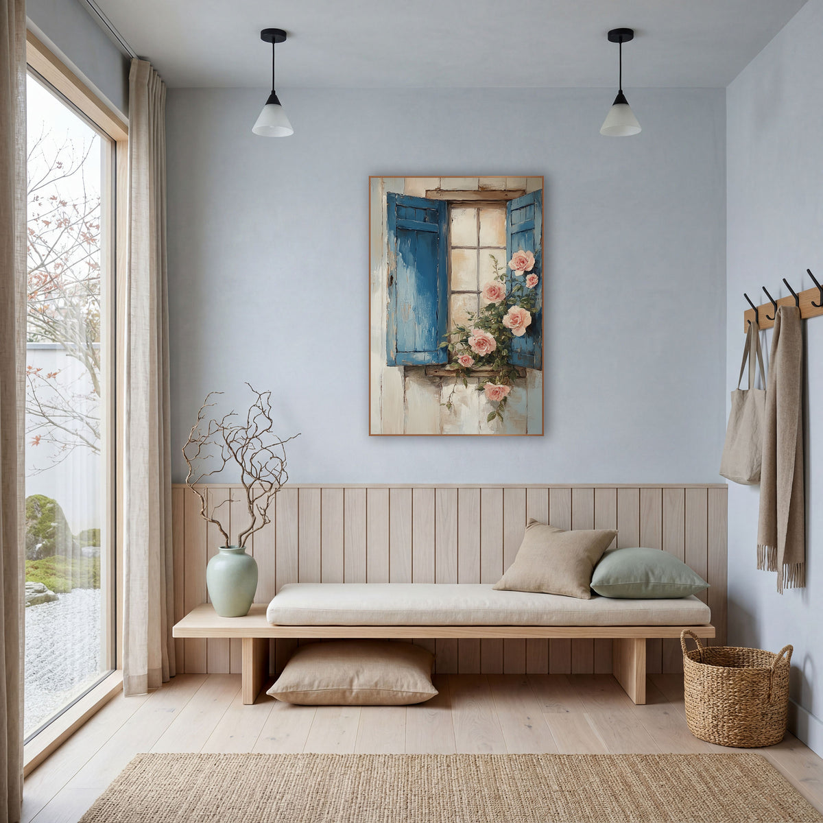 Blue Shutter Pink Roses Cottage wall art in a bright coastal-style room – open faded blue shutters