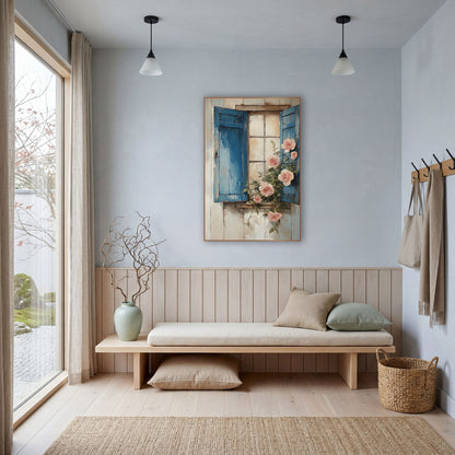Blue Shutter Pink Roses Cottage wall art in a bright coastal-style room – open faded blue shutters