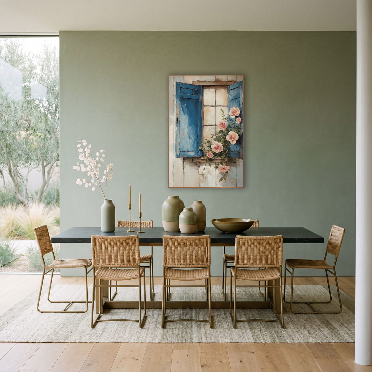 Blue Shutter Pink Roses Cottage wall art in a bright coastal-style room – open faded blue shutters