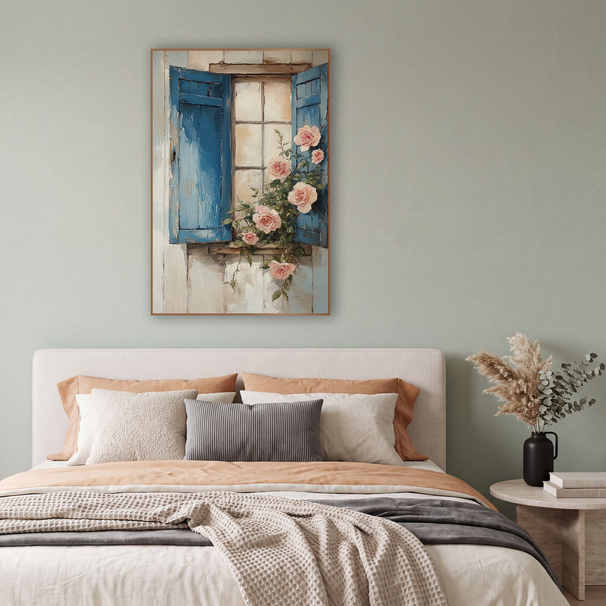 Blue Shutter Pink Roses Cottage wall art in a bright coastal-style room – open faded blue shutters