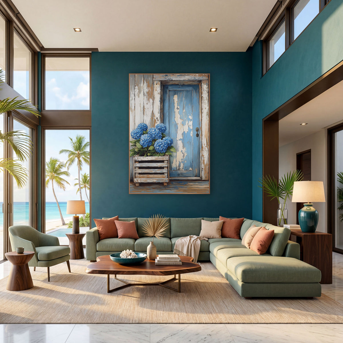 Hydrangea Crate Beside Peeling Door Coastal wall art in a bright coastal-style room – blue hydrangeas in a wooden