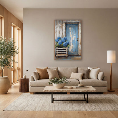 Hydrangea Crate Beside Peeling Door Coastal wall art in a bright coastal-style room – blue hydrangeas in a wooden