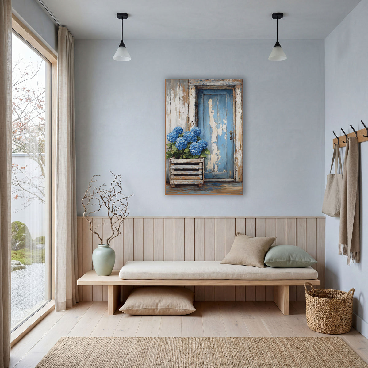 Hydrangea Crate Beside Peeling Door Coastal wall art in a bright coastal-style room – blue hydrangeas in a wooden