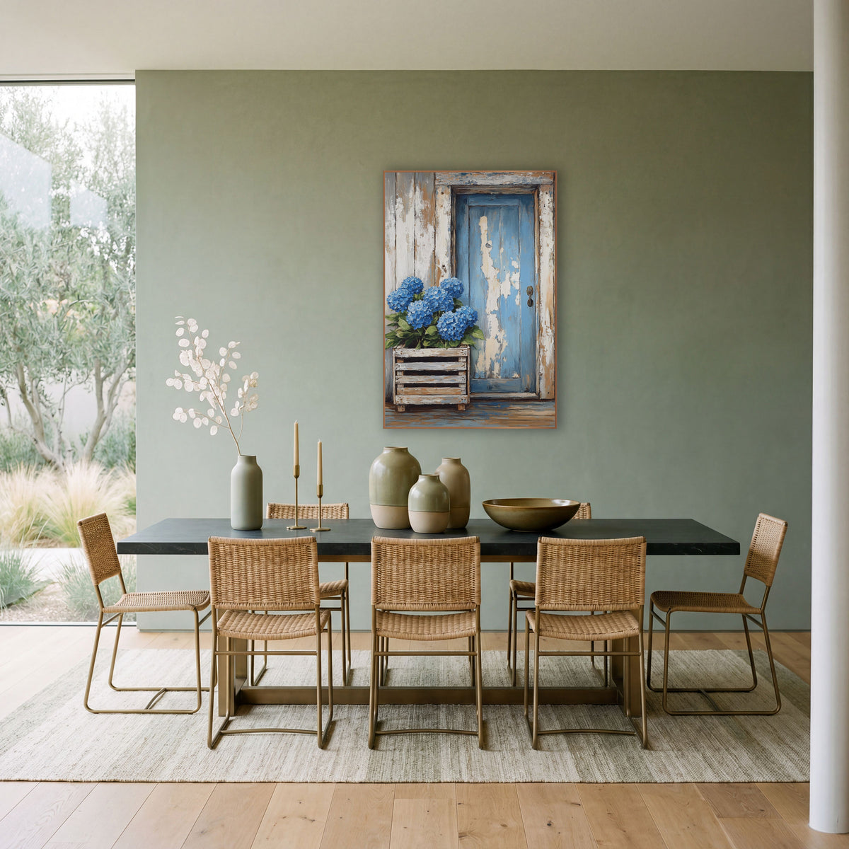 Hydrangea Crate Beside Peeling Door Coastal wall art in a bright coastal-style room – blue hydrangeas in a wooden