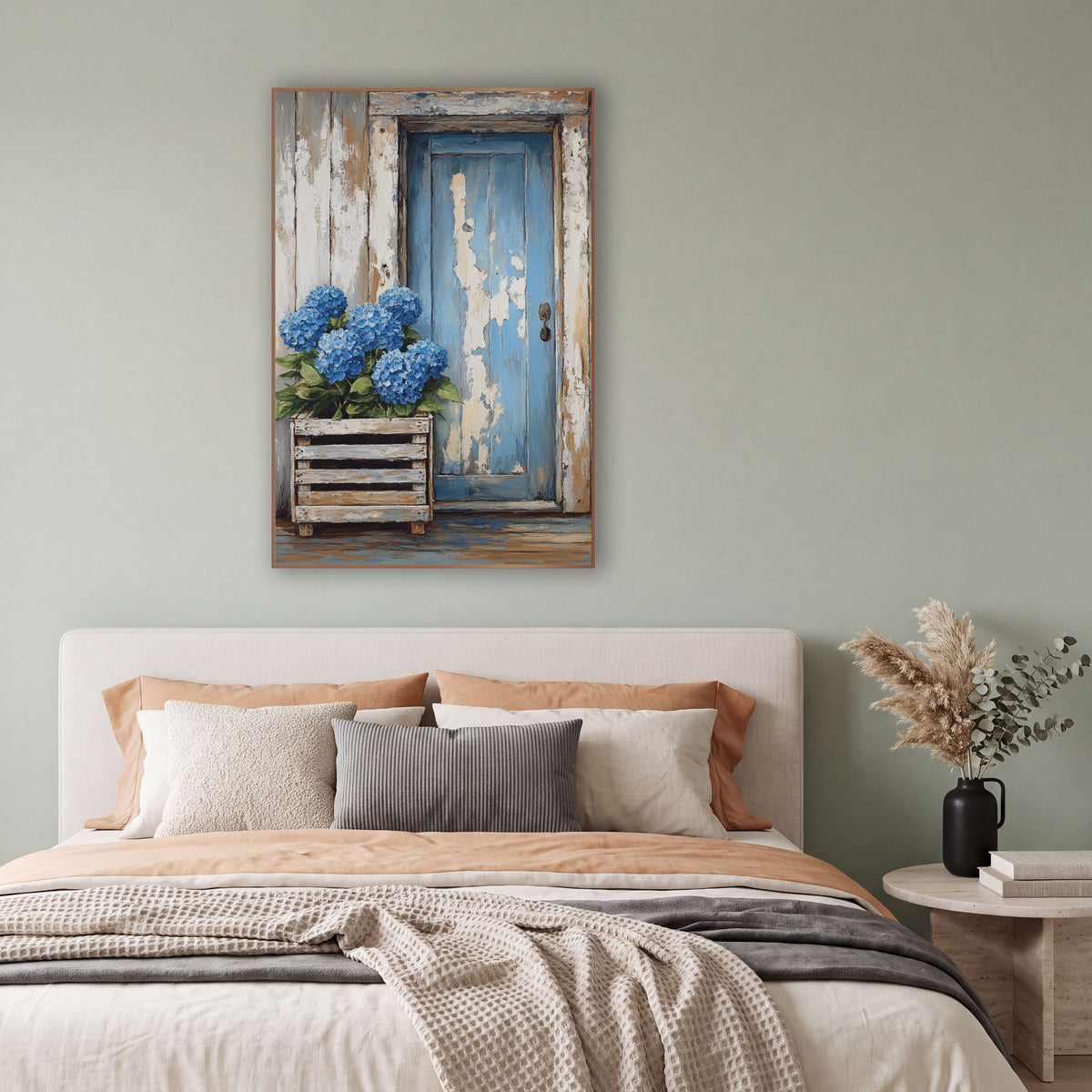 Hydrangea Crate Beside Peeling Door Coastal wall art in a bright coastal-style room – blue hydrangeas in a wooden