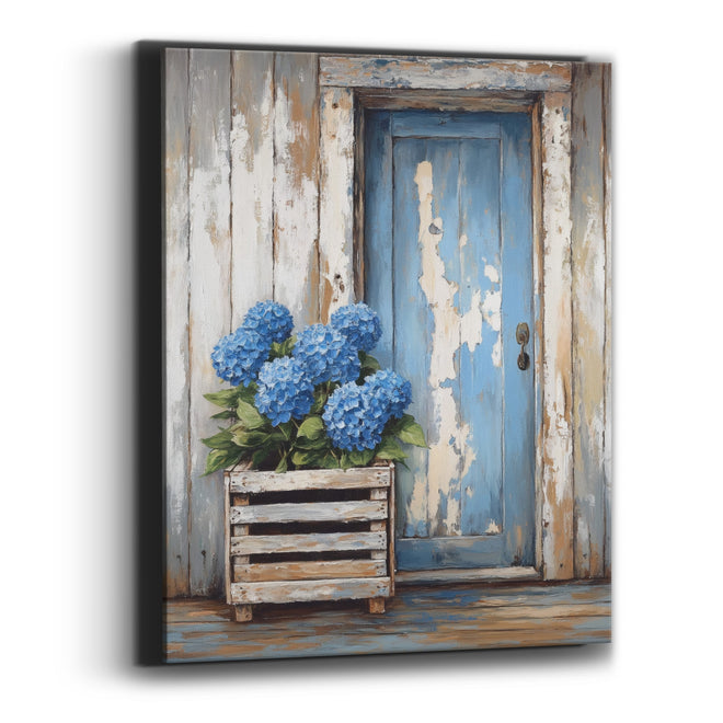 Hydrangea Crate Beside Peeling Door Coastal Canvas Wall Art