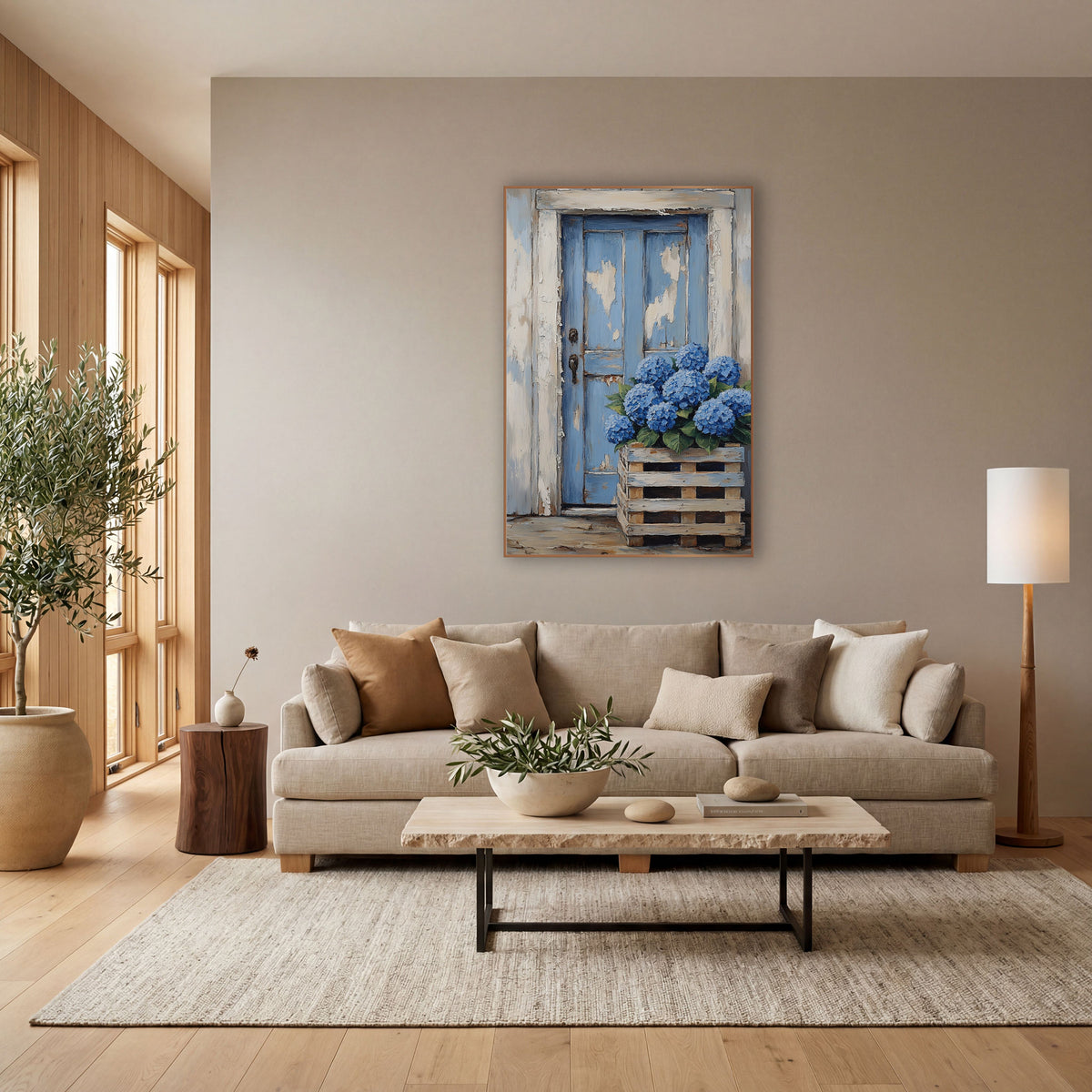 Hydrangea Pallet Planter Cottage Door Farmhouse wall art in a bright coastal-style room – blue hydrangeas in a wooden