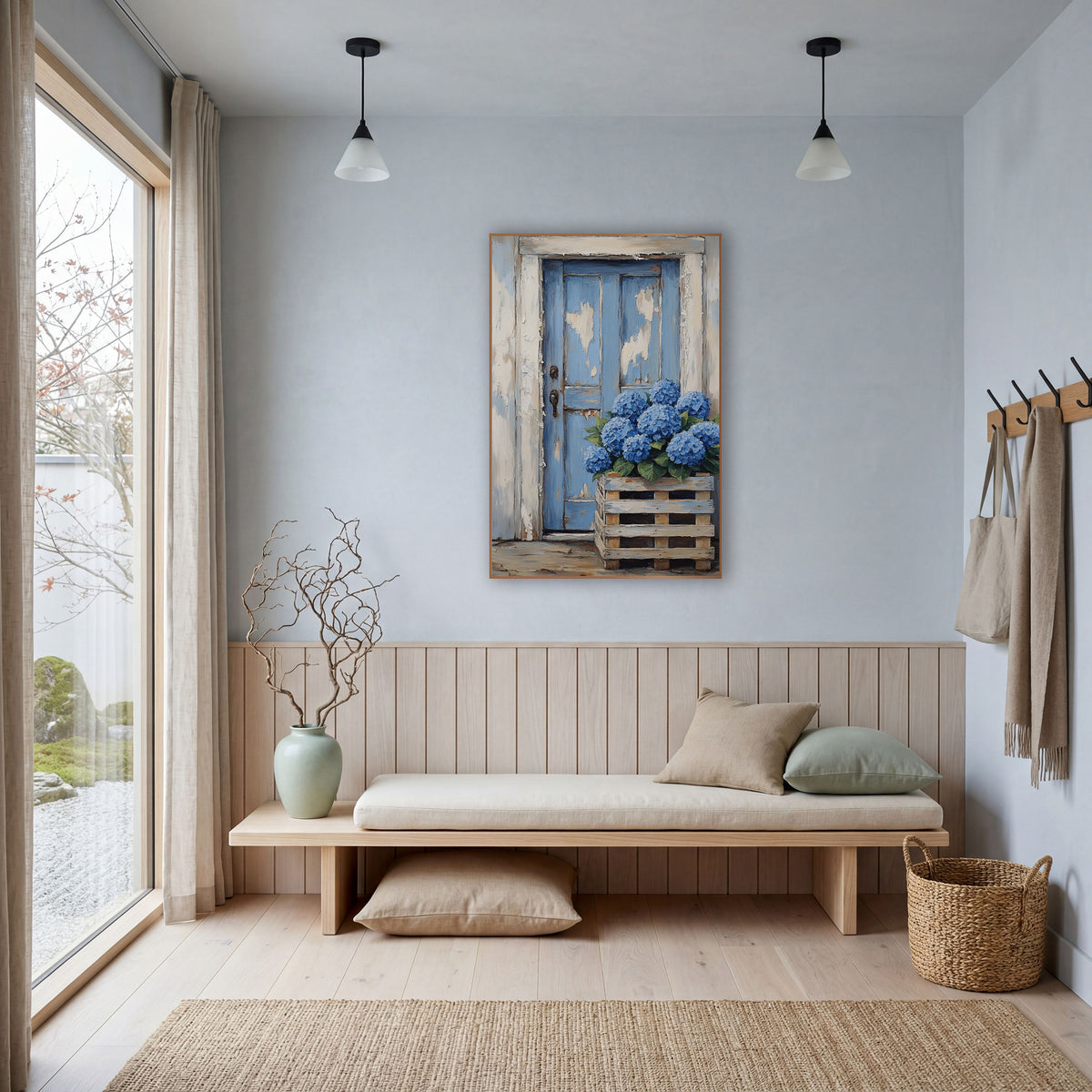 Hydrangea Pallet Planter Cottage Door Farmhouse wall art in a bright coastal-style room – blue hydrangeas in a wooden