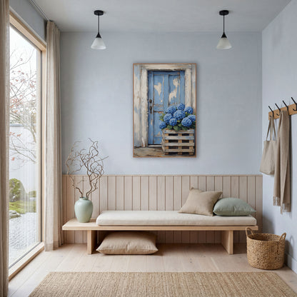 Hydrangea Pallet Planter Cottage Door Farmhouse wall art in a bright coastal-style room – blue hydrangeas in a wooden