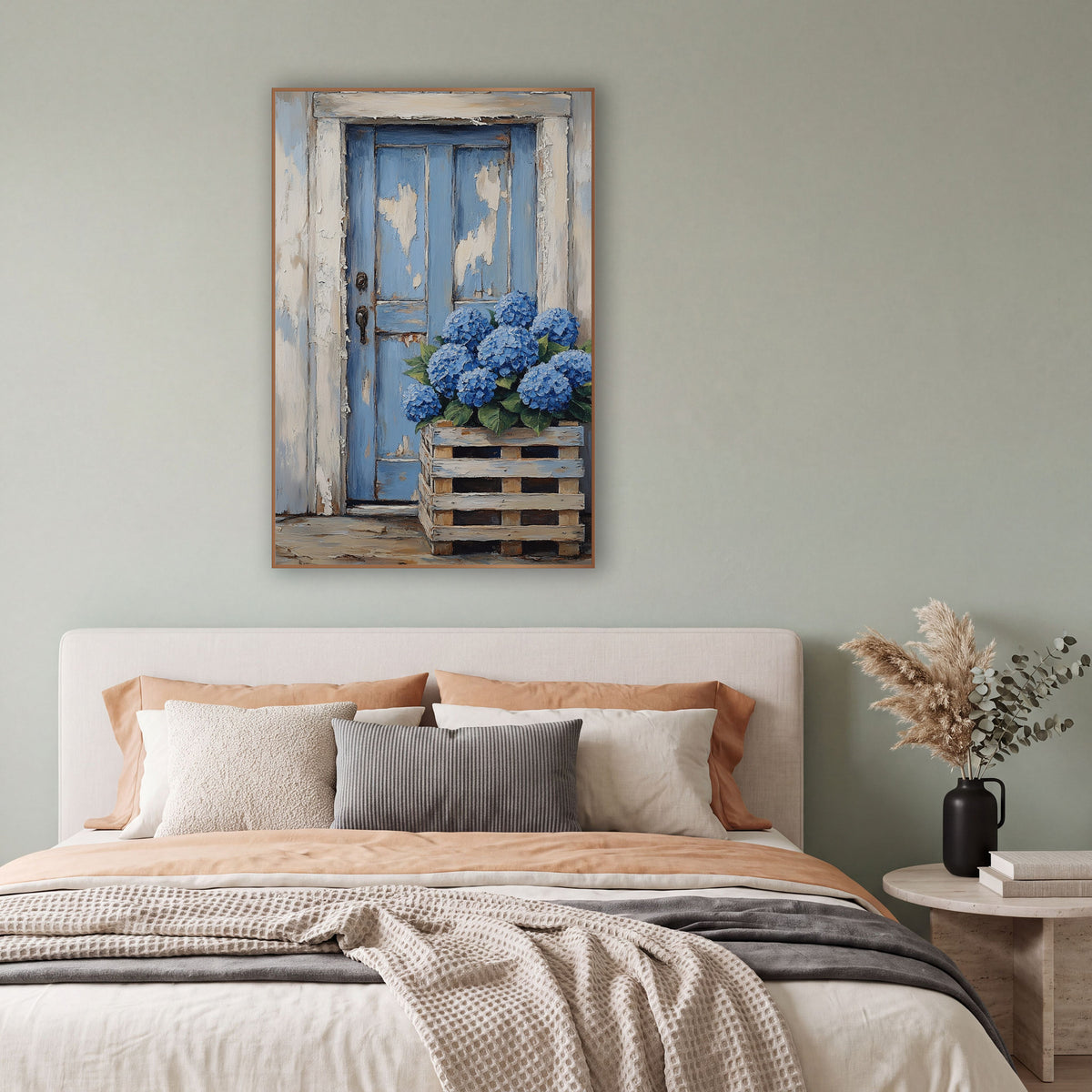 Hydrangea Pallet Planter Cottage Door Farmhouse wall art in a bright coastal-style room – blue hydrangeas in a wooden