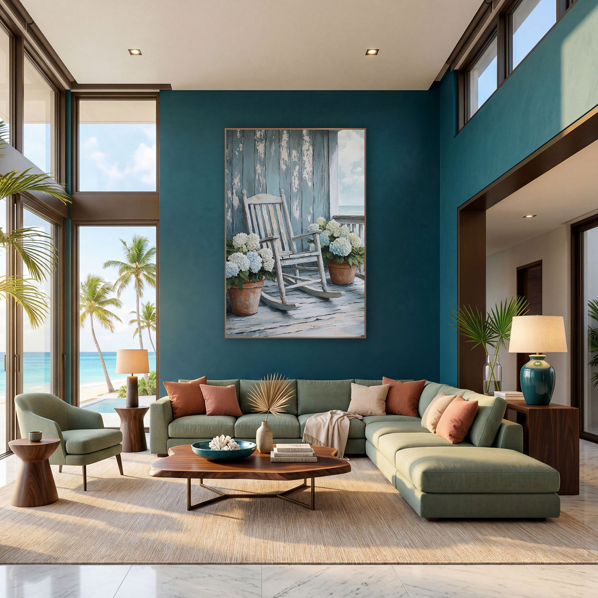 Teal Plank Porch Rocker Coastal wall art in a bright coastal-style room – white rocking chair and pots of blue-white