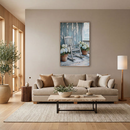 Teal Plank Porch Rocker Coastal wall art in a bright coastal-style room – white rocking chair and pots of blue-white