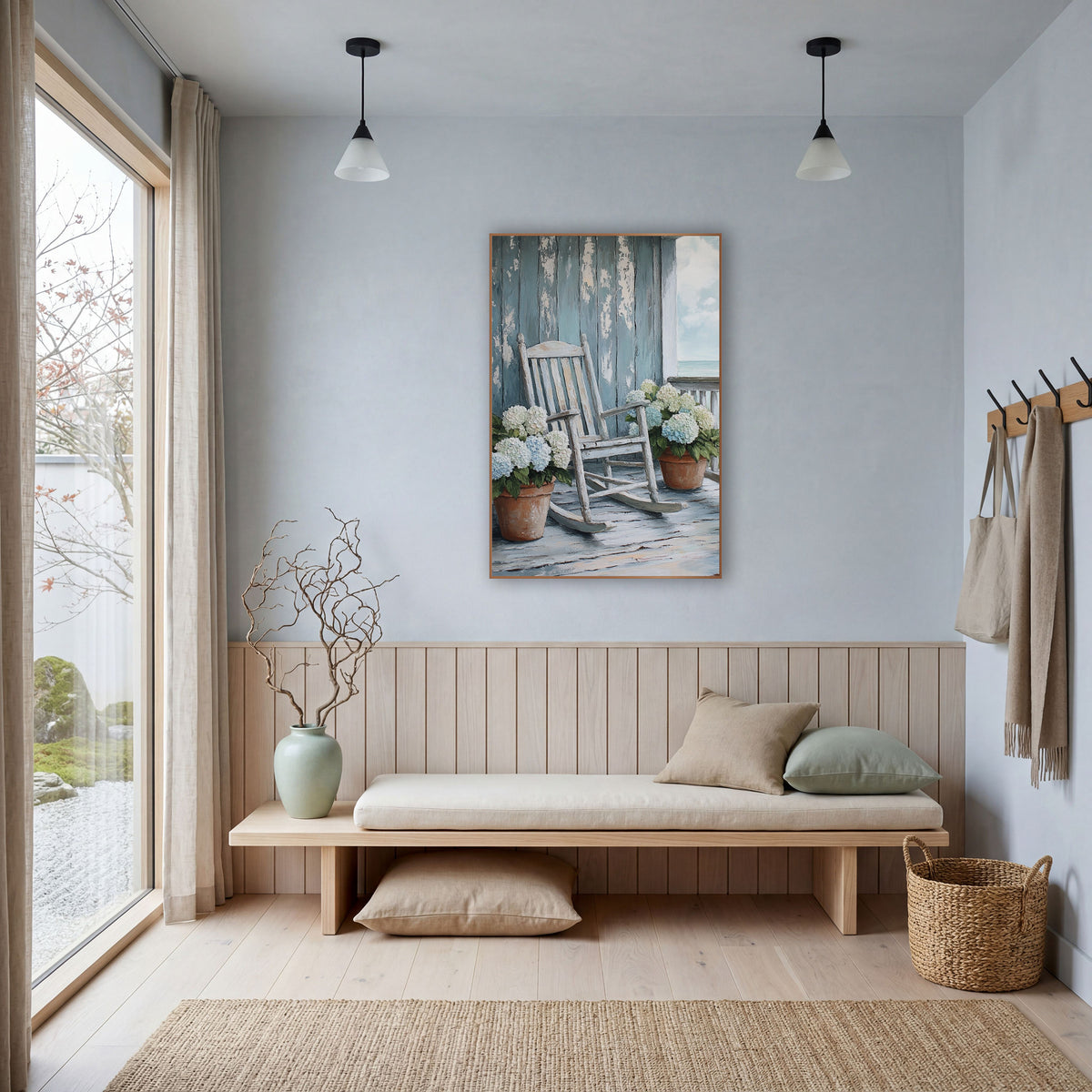 Teal Plank Porch Rocker Coastal wall art in a bright coastal-style room – white rocking chair and pots of blue-white