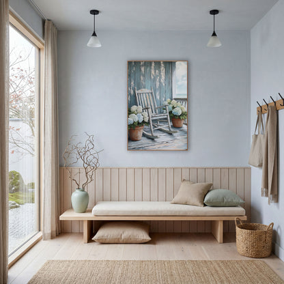 Teal Plank Porch Rocker Coastal wall art in a bright coastal-style room – white rocking chair and pots of blue-white