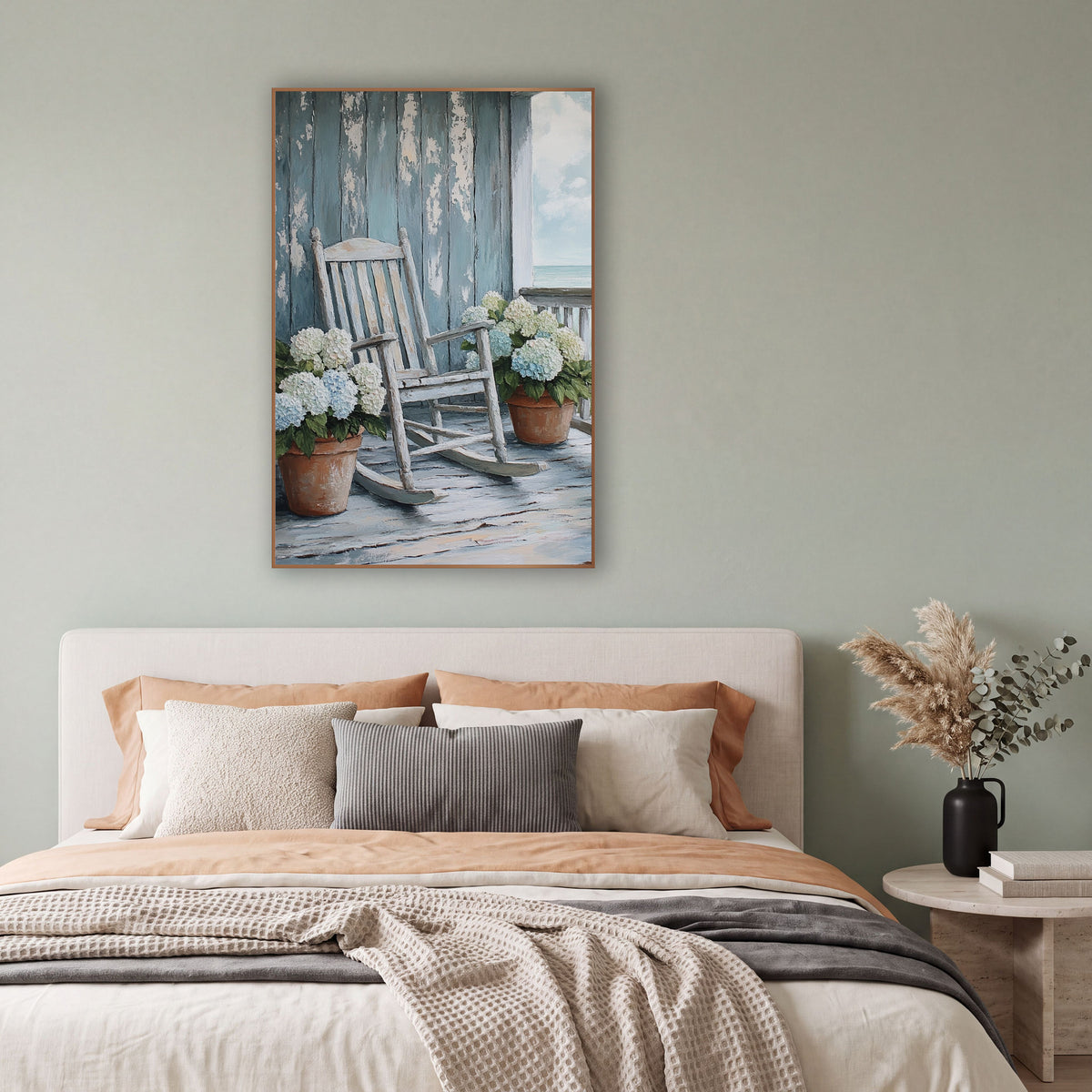 Teal Plank Porch Rocker Coastal wall art in a bright coastal-style room – white rocking chair and pots of blue-white