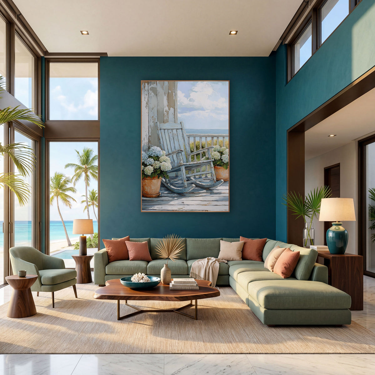 Dune Grass Porch Rocker Coastal wall art in a bright coastal-style room – pale blue rocking chair on a seaside porch