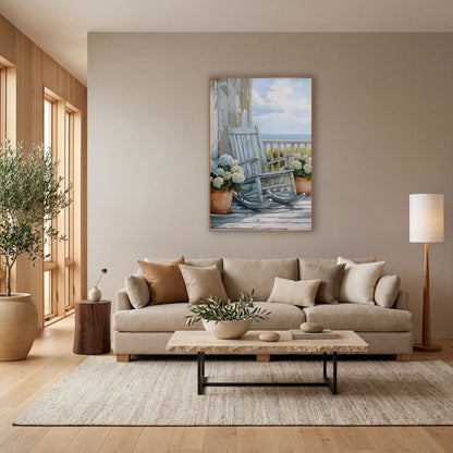 Dune Grass Porch Rocker Coastal wall art in a bright coastal-style room – pale blue rocking chair on a seaside porch