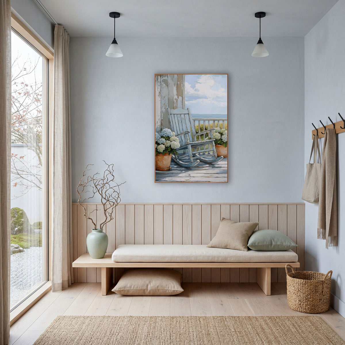 Dune Grass Porch Rocker Coastal wall art in a bright coastal-style room – pale blue rocking chair on a seaside porch
