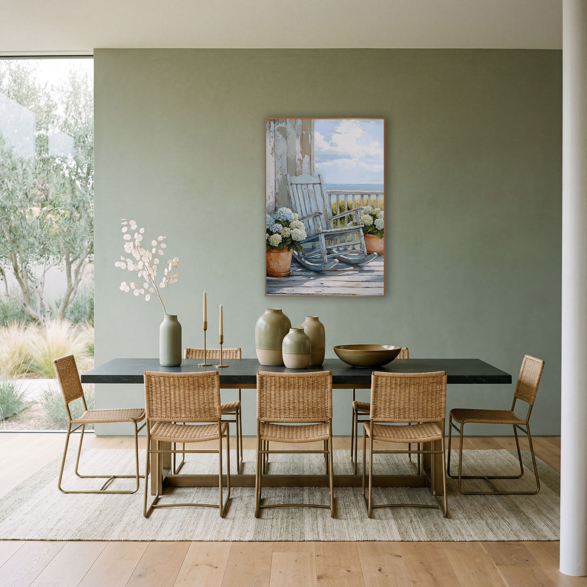 Dune Grass Porch Rocker Coastal wall art in a bright coastal-style room – pale blue rocking chair on a seaside porch
