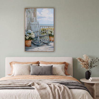 Dune Grass Porch Rocker Coastal wall art in a bright coastal-style room – pale blue rocking chair on a seaside porch