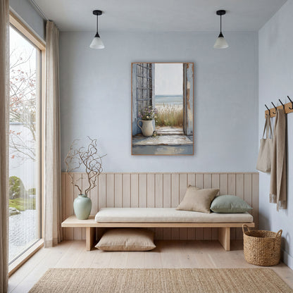 Seaside Doorway Wildflower Coastal Scene wall art in a bright coastal-style room – open weathered blue doorway