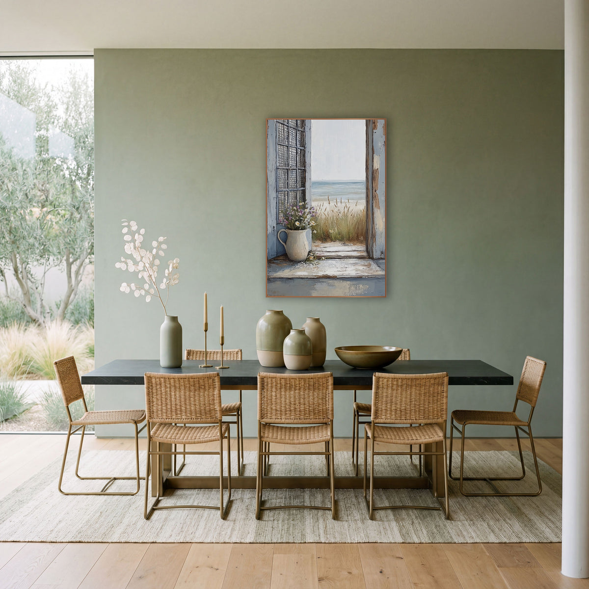 Seaside Doorway Wildflower Coastal Scene wall art in a bright coastal-style room – open weathered blue doorway