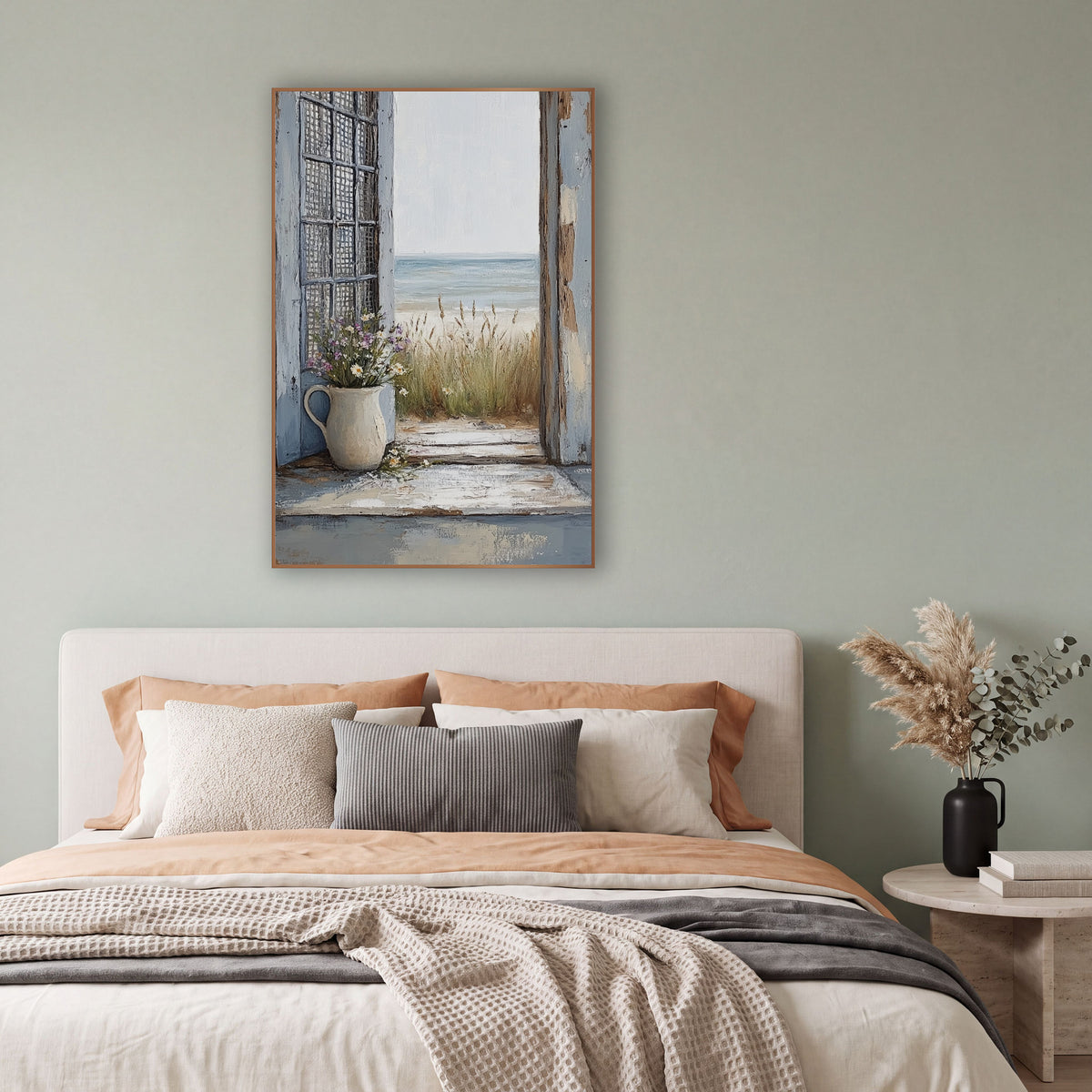 Seaside Doorway Wildflower Coastal Scene wall art in a bright coastal-style room – open weathered blue doorway