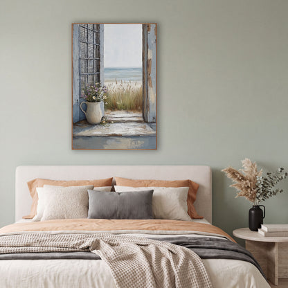 Seaside Doorway Wildflower Coastal Scene wall art in a bright coastal-style room – open weathered blue doorway