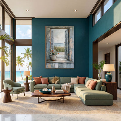Coastal Window Wildflower Seaside View wall art in a bright coastal-style room – open weathered blue window