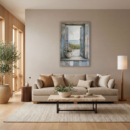 Coastal Window Wildflower Seaside View wall art in a bright coastal-style room – open weathered blue window
