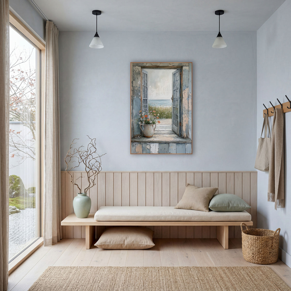Coastal Window Wildflower Seaside View wall art in a bright coastal-style room – open weathered blue window