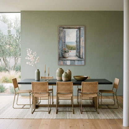 Coastal Window Wildflower Seaside View wall art in a bright coastal-style room – open weathered blue window