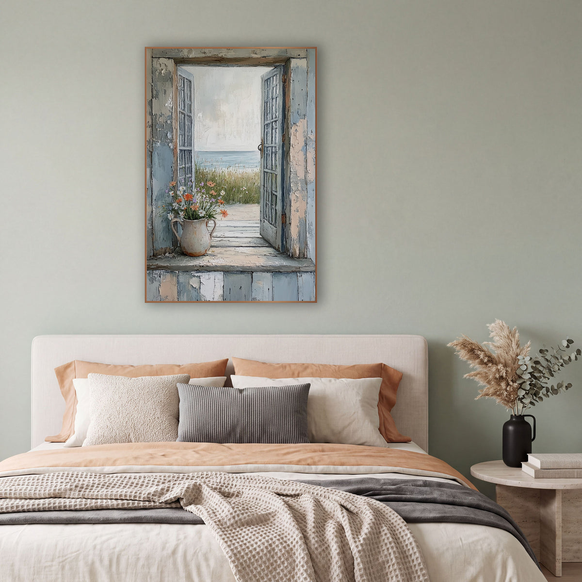 Coastal Window Wildflower Seaside View wall art in a bright coastal-style room – open weathered blue window