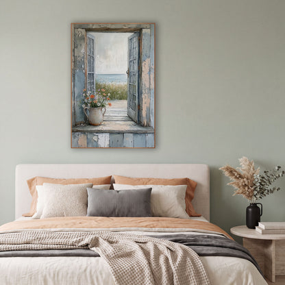 Coastal Window Wildflower Seaside View wall art in a bright coastal-style room – open weathered blue window