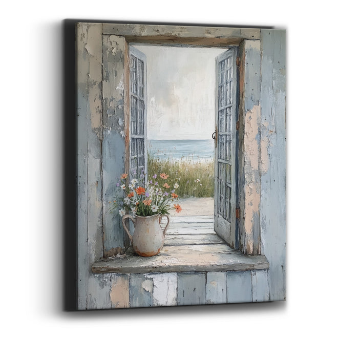 Coastal Window Wildflower Seaside View Canvas Wall Art